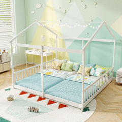 Double Floor Bed for Twins House Beds with Safety Guardrails for 2 Kids