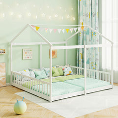 Double Floor Bed for Twins House Beds with Safety Guardrails for 2 Kids