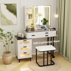 Makeup Vanity Dressing Table and Stool Set with Mirror and 3-Color LED Lights