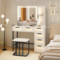 Makeup Vanity Dressing Table and Stool Set with Lights and Charging Station