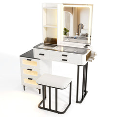 Makeup Vanity Dressing Table and Stool Set with Mirror and 3-Color LED Lights