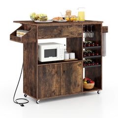 Drop Leaf Mobile Kitchen Island Cart with Power Outlet and Adjustable Shelf