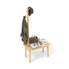 End Table with Coat Rack Solid Wood Coat Tree with 2-in-1 Side Table In Natural