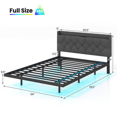 Full/Queen Size Floating Bed Frame with LED and Headboard and Charging Station