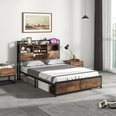 Full/Queen Size Bed Frame with 3-Tier Bookcase Headboard and Charging Station