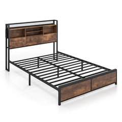 Full/Queen Size Bed Frame with 3-Tier Bookcase Headboard and Charging Station