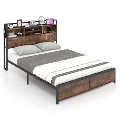 Full/Queen Size Bed Frame with 3-Tier Bookcase Headboard and Charging Station