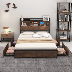 Full/Queen Size Bed Frame with Bookcase Headboard and 4 Storage Drawers