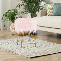Faux Fur Vanity Stool Round Upholstered Footrest with Furry Padded Seat