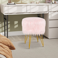 Faux Fur Vanity Stool Round Upholstered Footrest with Furry Padded Seat