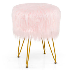 Faux Fur Vanity Stool Round Upholstered Footrest with Furry Padded Seat