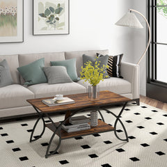 2-Tier Faux Marble Coffee Table with Marble Top and Metal Frame