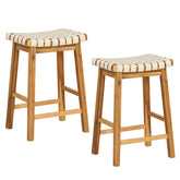 Faux PU Leather Bar Stools Set of 2 with Woven Curved Seat Natural