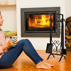 5 Piece Wrought Iron Fireplace Tools with Decor Holder