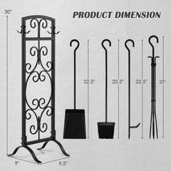 5 Piece Wrought Iron Fireplace Tools with Decor Holder