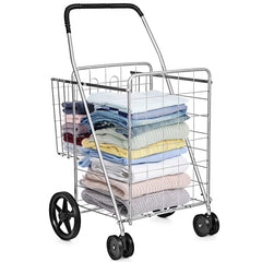 Folding Shopping Cart with Swiveling Wheels and Dual Storage Baskets