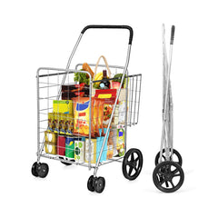 Folding Shopping Cart with Swiveling Wheels and Dual Storage Baskets