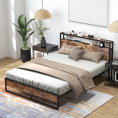 Full/Queen Bed Frame with 2-Tier Storage Headboard and Charging Station