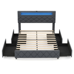 Full/Queen Size Bed Frame with Adjustable Storage Headboard and Wooden Slat Support