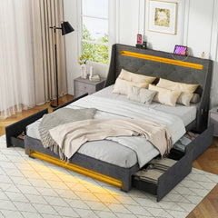 Full Size Bed Frame with LED Lights Wingback Headboard and Charging Station
