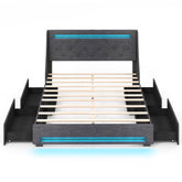 Full Size Bed Frame with LED Lights Wingback Headboard and Charging Station