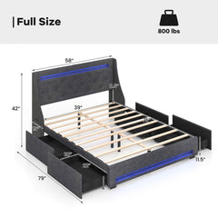 Full Size Bed Frame with LED Lights Wingback Headboard and Charging Station
