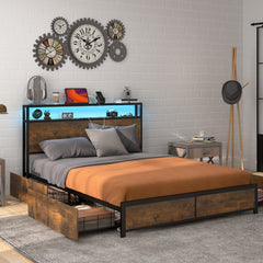 Full/Queen Size Bed Frame with Smart LED Lights and Storage Drawers