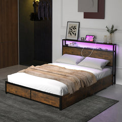 Full/Queen Size Bed Frame with Smart LED Lights and Storage Drawers