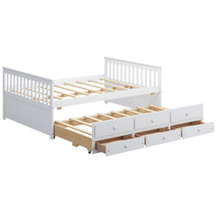 Full Size Wood Daybed Frame with Trundle Bed and 3 Storage Drawers