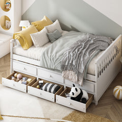 Full Size Wood Daybed Frame with Trundle Bed and 3 Storage Drawers