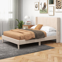 Full/Queen Size Upholstered Bed Frame with Geometric Wingback Headboard