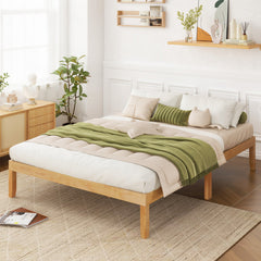 Full Size Wood Bed Frame with Wooden Slats Support and Rubber Wood Legs