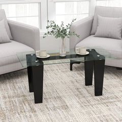 39.5 Inch Glass Coffee Table Modern Rectangular Center Table with Solid Rubber Wood Legs