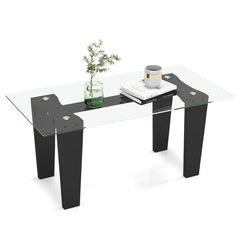 39.5 Inch Glass Coffee Table Modern Rectangular Center Table with Solid Rubber Wood Legs