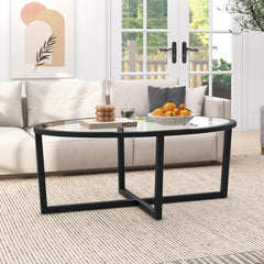 Glass Coffee Table Oval Living Room Table with Cross Base and Acacia Wood Legs
