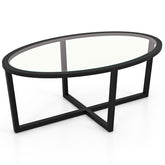 Glass Coffee Table Oval Living Room Table with Cross Base and Acacia Wood Legs
