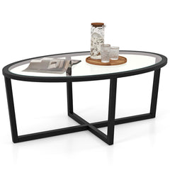 Glass Coffee Table Oval Living Room Table with Cross Base and Acacia Wood Legs