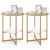 2-Tier Glass End Table Set of 2 with Faux Marble Storage Shelf
