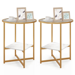 2-Tier Glass End Table Set of 2 with Faux Marble Storage Shelf