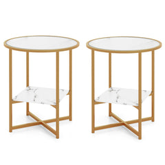 2-Tier Glass End Table Set of 2 with Faux Marble Storage Shelf