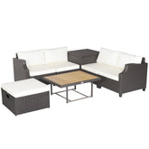 7 Pieces Wicker Outdoor Furniture Set with Acacia Wood Coffee Table and Ottoman