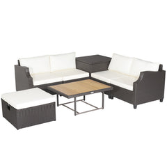 7 Pieces Wicker Outdoor Furniture Set with Acacia Wood Coffee Table and Ottoman