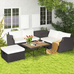 7 Pieces Wicker Outdoor Furniture Set with Acacia Wood Coffee Table and Ottoman