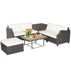 7 Pieces Wicker Outdoor Furniture Set with Acacia Wood Coffee Table and Ottoman