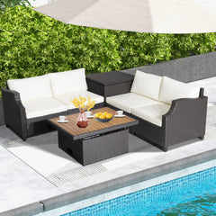 7 Pieces Wicker Outdoor Furniture Set with Acacia Wood Coffee Table and Ottoman