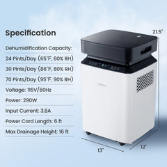 70/90 Pint 4500/6000 Sq. Ft Dehumidifier with Continuous and Auto Mode