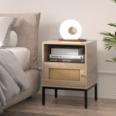 Home Boho Style Accent Table with Open Shelf and 1 Door Cabinet