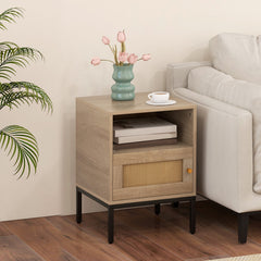 Home Boho Style Accent Table with Open Shelf and 1 Door Cabinet