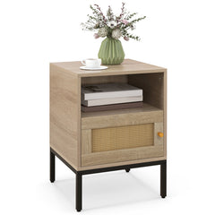 Home Boho Style Accent Table with Open Shelf and 1 Door Cabinet