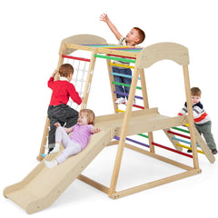6-in-1 Indoor Jungle Gym Kids Wooden Playground with Monkey Bars